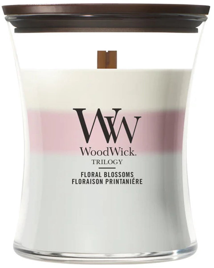 Sanduhr von Woodwick – Trilogie mit Blumenblüten – mittelgroße Duftkerze – 60 Brennstunden