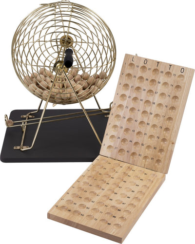 Engelhart Treibmühle komplett – mit Holzsteuerpult 90 Holzkugeln – Metallkorb ø 30 cm – komplettes Treibset für Heimspielabende –