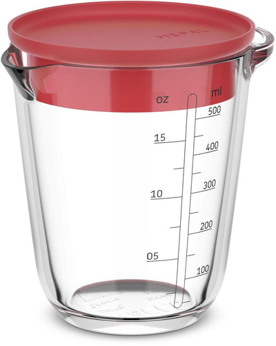 Mepal Glas-Messbecher mit Deckel Chef It – 500 ml – Größenangabe – Spülmaschine –. Mikrowellen- und ofenfest – Backutensilien – Koralle