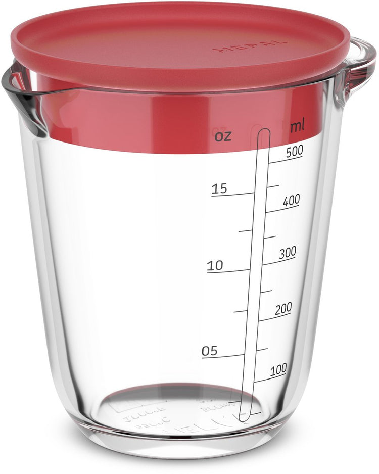 Mepal Glas-Messbecher mit Deckel Chef It – 500 ml – Größenangabe – Spülmaschine –. Mikrowellen- und ofenfest – Backutensilien – Koralle