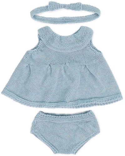 Miniland ml-Puppen: Kleidungsset blau gestrickt für Mädchen 38 cm, umweltfreundlich und recycelt, 3-teilig, Kleid, Hose und Haarband, auf Kleiderbügel, 3+