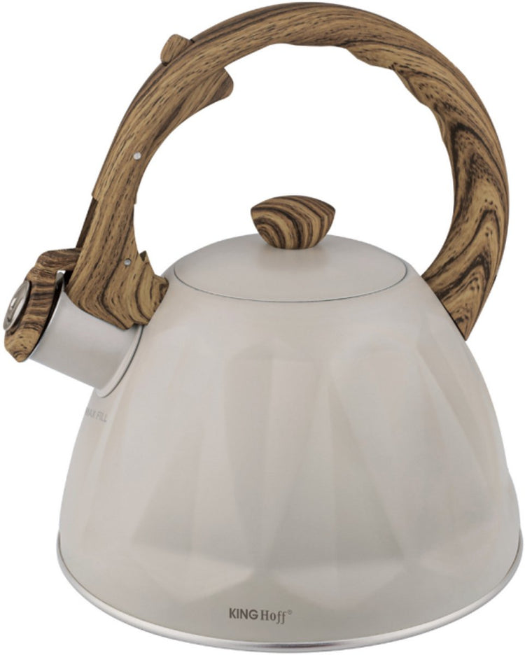 Kinghoff Pfeifkessel 2 Liter – Edelstahl – induktionsgeeignet – cremebeige mit Griff in Holzoptik – Rautenstruktur – kh-1998