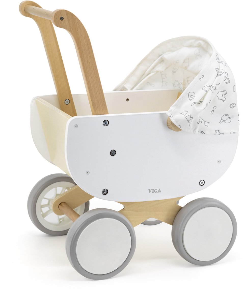 Viga Toys® - Puppenwagen mit verstellbarem Stoffverdeck - Weiß