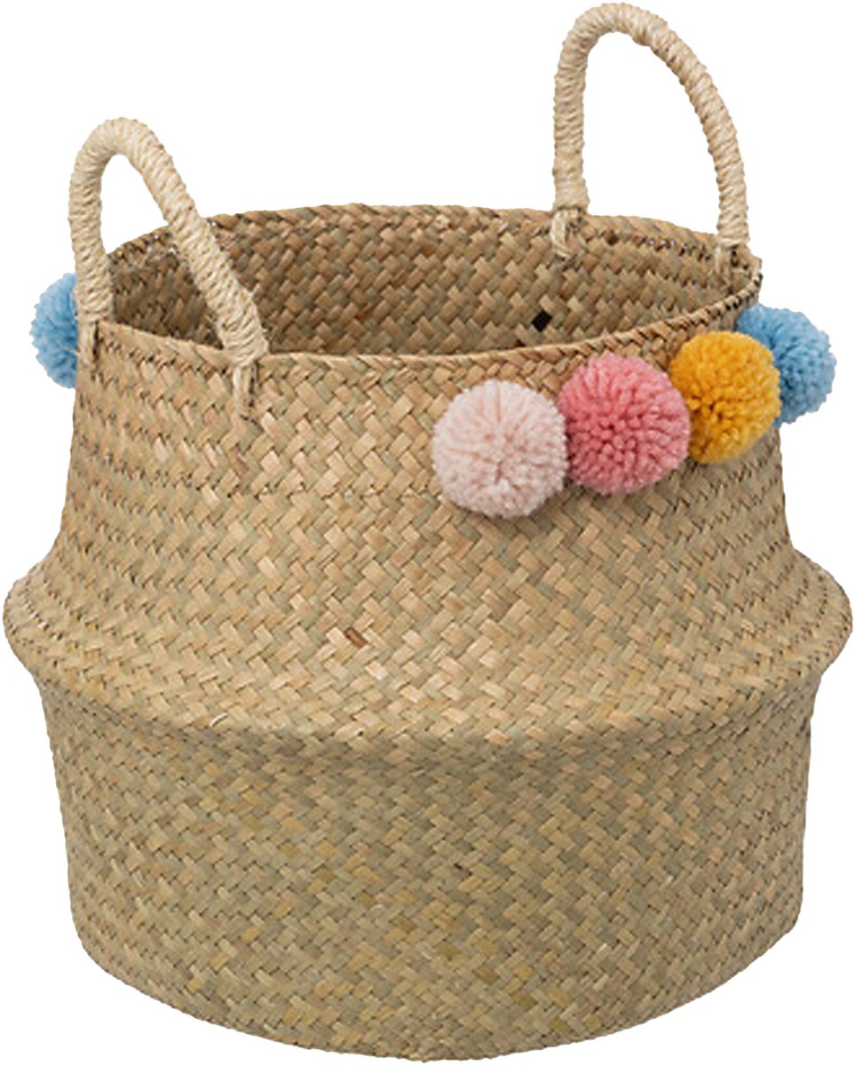 Atmosphera Spielzeug-Aufbewahrungskorb – Pompons – mit Griff – Korbgeflecht – faltbar – 33 x 28 x 33 cm