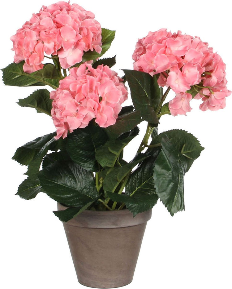 Glimmerdekorationen – künstliche Hortensienpflanze im Blumentopf – H40 x ø35 cm – rosa