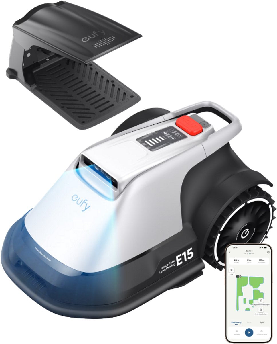 Eufy Roboter-Rasenmäher e15 – kabellos – ohne RTK – keine Signalprobleme – 5-Minuten-Einrichtung – automatische Kartierung bis zu 800 m2 – Hindernisvermeidung – Aufsitzkante – Steuerung per App – mit Regenschutz