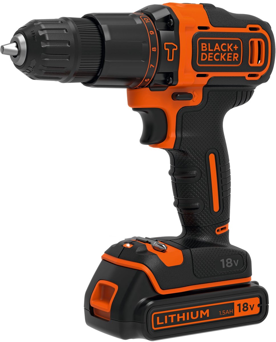 Black+Decker 18-V-Lithium-Ionen-Akkuschrauber mit 2 x 1,5-Ah-Akkus, 2 variablen Geschwindigkeiten, Koffer – bdchd18kb-qw