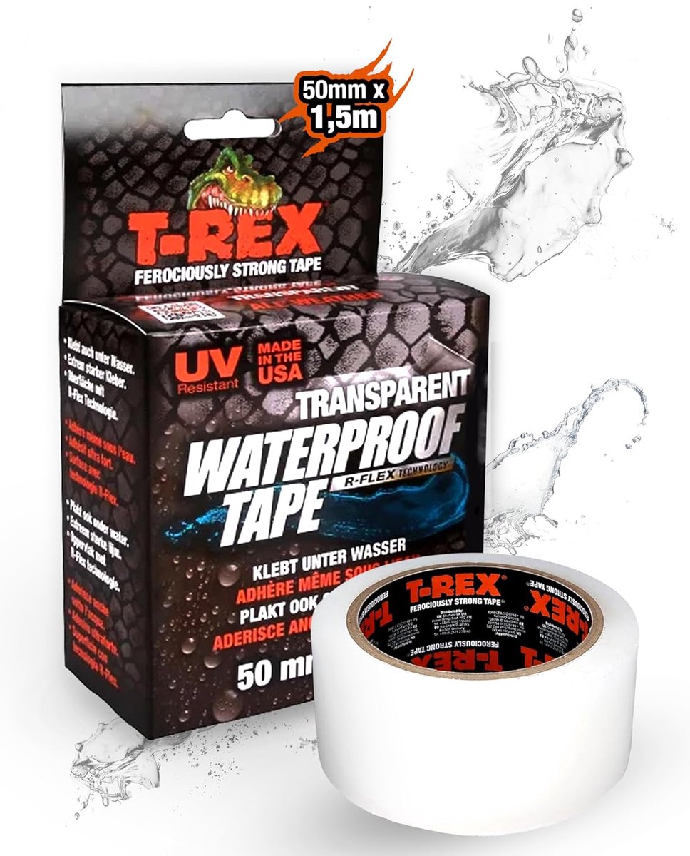 Kip t-rex – wasserfestes transparentes Klebeband 50 mm x 1,5 m – selbstklebendes Reparaturband für Schwimmbäder, Außenbereich, Risse und Undichtigkeiten – Unterwasserreparatur von Schwimmbädern – UV- und hitzebeständig – flexibel und extrem stark