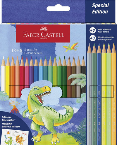 Faber-Castell Buntstifte – 18 klassische Farben + 3 Metallic- + 3 Neonfarben inkl. Aufkleberbogen – fc-111222