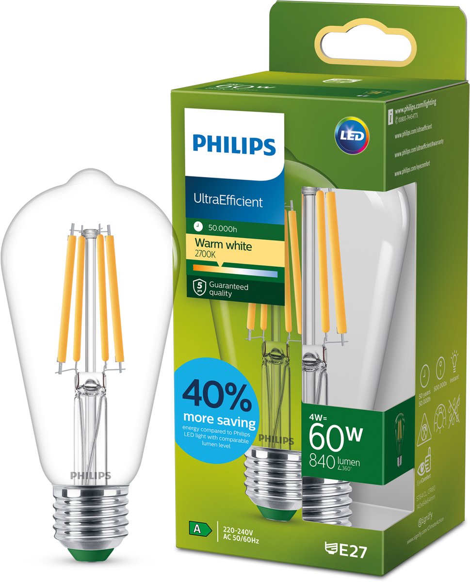 Philips LED Philips ultraeffiziente LED-Lampe Edison transparent – 60 W – E27 – warmweißes Licht