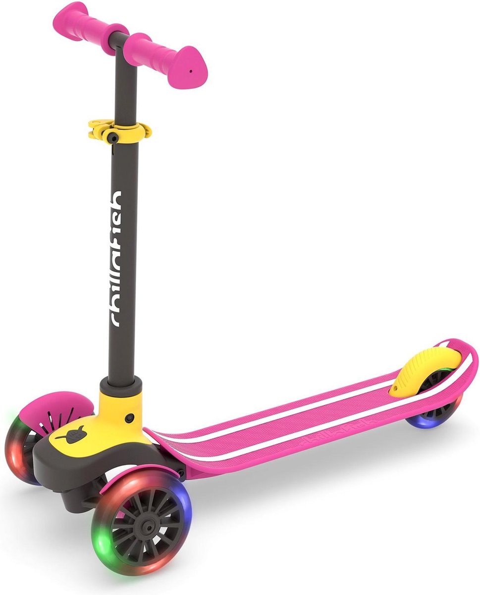 Chillafish Kinderroller 3 Jahre mit drei LED-Rädern – rosa gelb – leichter Glow-Scooter Mädchen mit abnehmbarem Lenker und Fußbremse – höhenverstellbar – Lean-to-Steer – extra Haltegriffe – keine Batterien erforderlich – Modell Scotti Glow 3