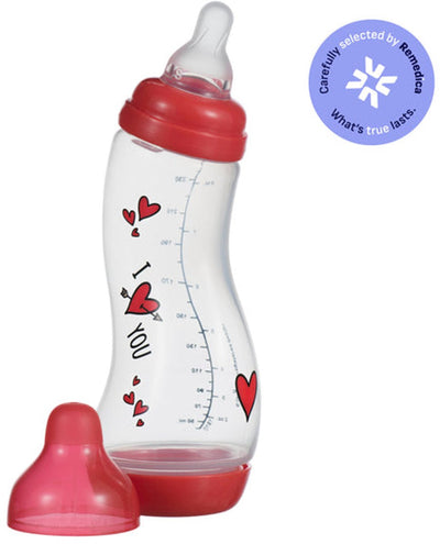 Difrax Babyflasche 250 ml natur – S-Flasche – Anti-Kolik – I love you red – 1 Stück