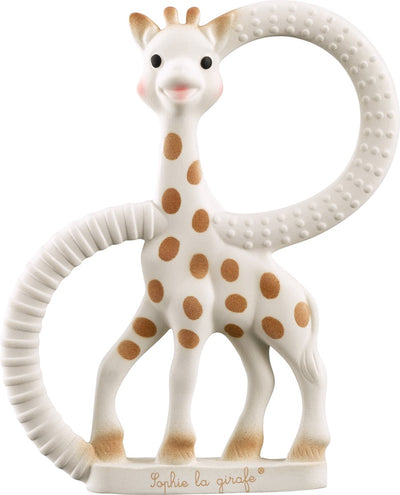 Beißring „Sophie die Giraffe“, sehr weich – Babyspielzeug – Geschenk zur Schwangerschaft – Geschenk zur Babyparty – 100 % Naturkautschuk – in recycelter Geschenkbox mit Schleife aus Bio-Baumwolle – ab 0 Monaten – braun-beige