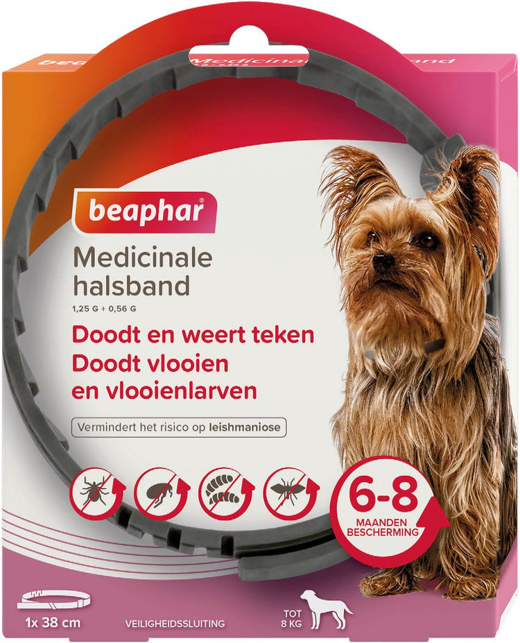 Beaphar medizinisches Halsband für Hunde bis 8 kg – bis zu 8 Monate Schutz vor Flöhen, Zecken und Sandmücken