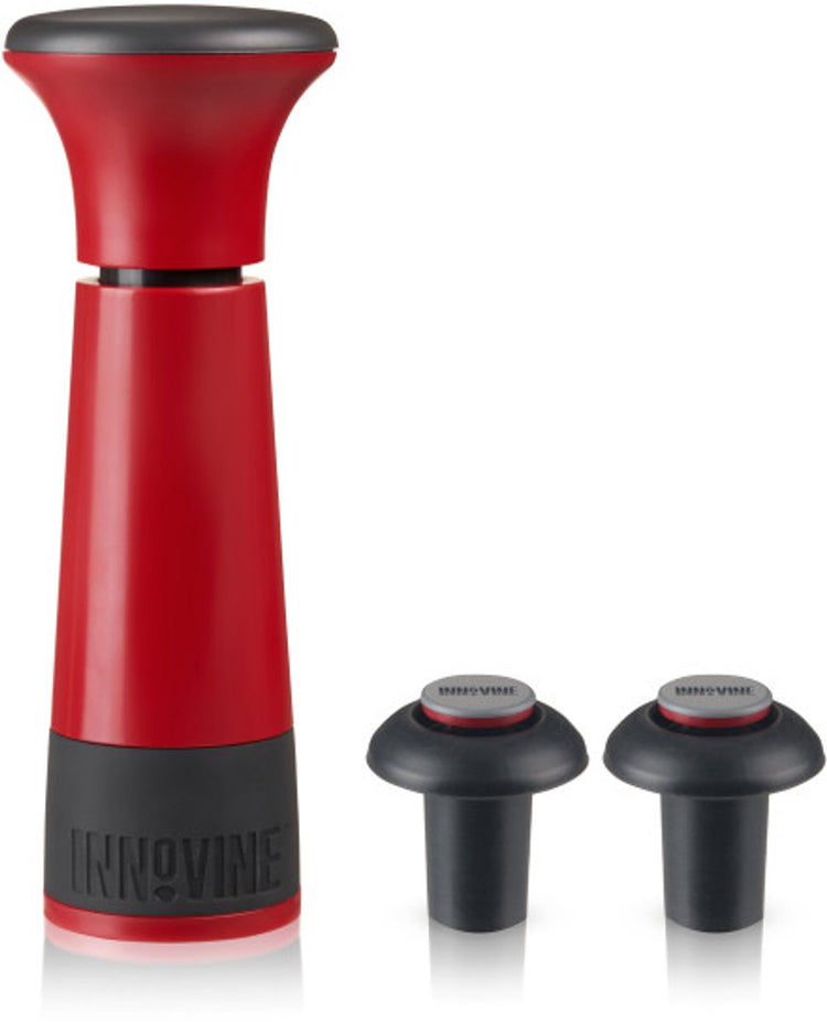Innovine™ Vakuumpumpen-Weinsparer in Himbeere – Weinpumpe mit 2 Stoppern