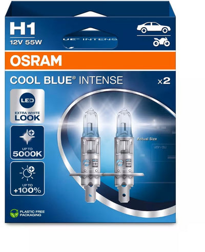 Osram Cool Blue Intense Next Gen H1-Halogen-Autolampen – weißeres Licht und bis zu 100 % mehr Sichtbarkeit – deutsche Qualität – Set mit 2 Lampen – 64150cbn-2hb