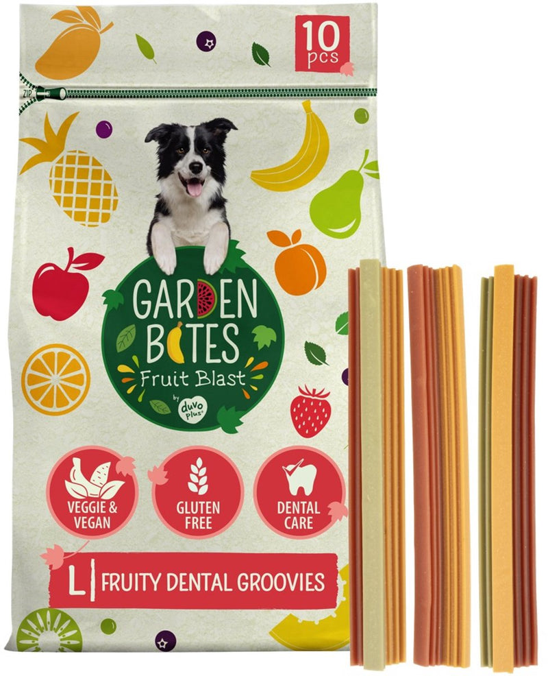 Duvo plus Garden Bites – fruchtige Dental Groovies Hundesnacks – Hundeleckerlis – vegetarisch, glutenfrei – groß 10 Stück