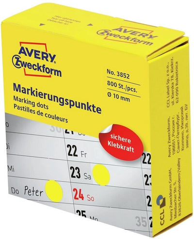 Avery -Zweckform 3852 Etiketten zum Markieren von Punkten, Durchmesser 10 mm, gelb, 800 Stück, permanentes Papier