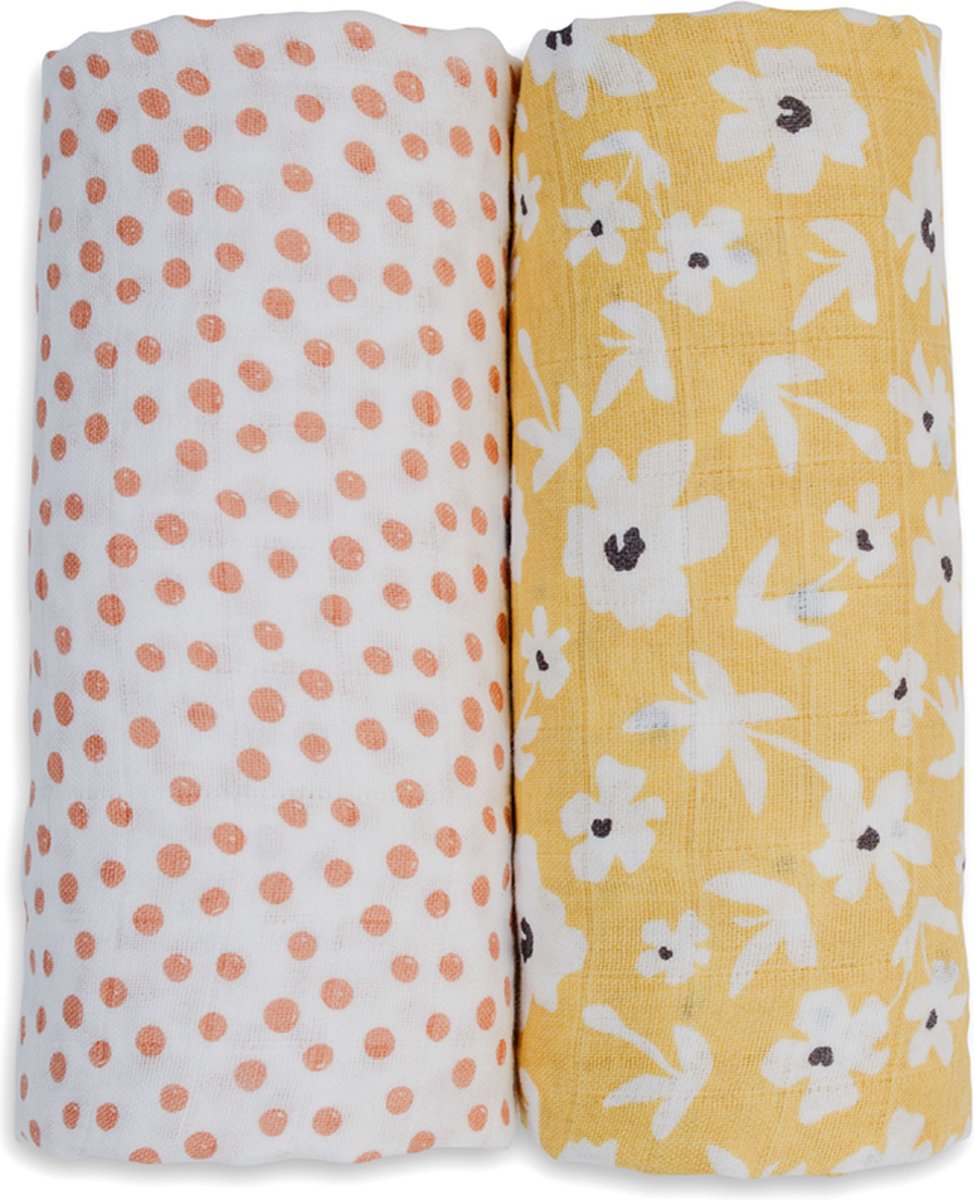 Lulujo – hydrophiles Tuch – Pucktuch – Baumwolle – 100 x 100 cm – 2er-Pack – gelbe Wildblumen-Punkte