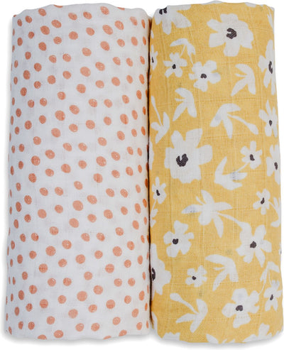 Lulujo – hydrophiles Tuch – Pucktuch – Baumwolle – 100 x 100 cm – 2er-Pack – gelbe Wildblumen-Punkte