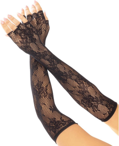 Leg Avenue – Fingerlose Kostümhandschuhe mit floralem Netz – Schwarz