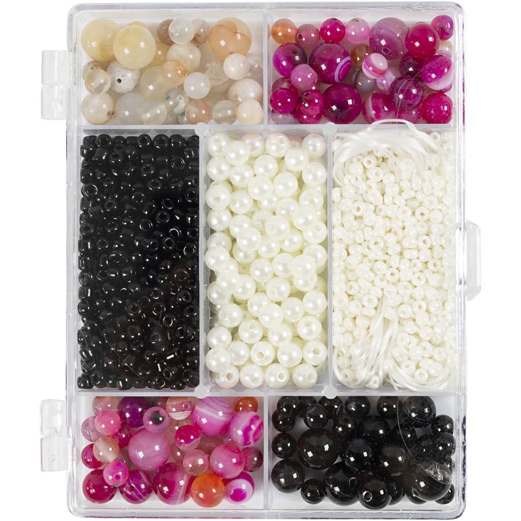 Creativ Company Kreativbox Schmuck, Achate, Größe 2,6-10 mm, Lochgröße 0,8-1,8 mm, ca. 2740 Teile, beige, schwarz, rosa, weißes Perlmutt, 1 Box