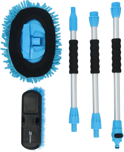 Protecton Autowaschbürsten-Set – 5-teilig – Waschbürste Chenille-Mopp – Griff aus 3 Teilen – maximale Länge 130 cm – Gardena-Anschluss und verschließbarer Wasserdurchgang