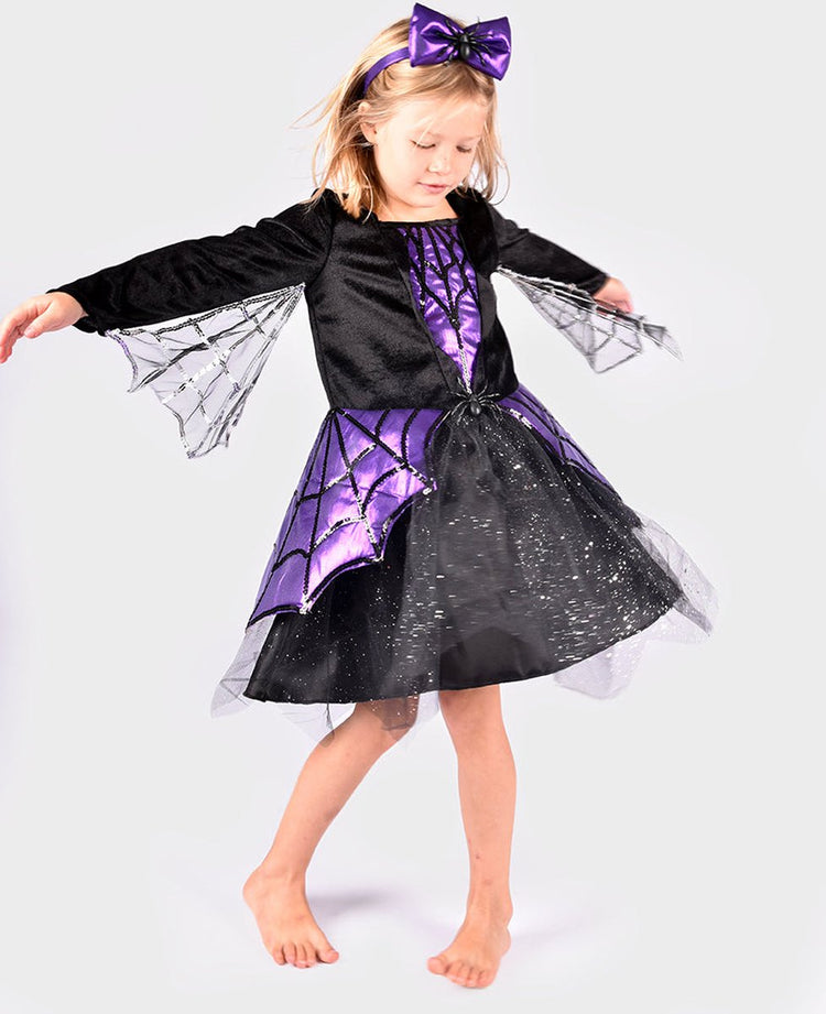 Den Goda Fen Kostümspinne – Kleid und Stirnband – 110–116 cm – 4–6 Jahre – Schwarz Lila