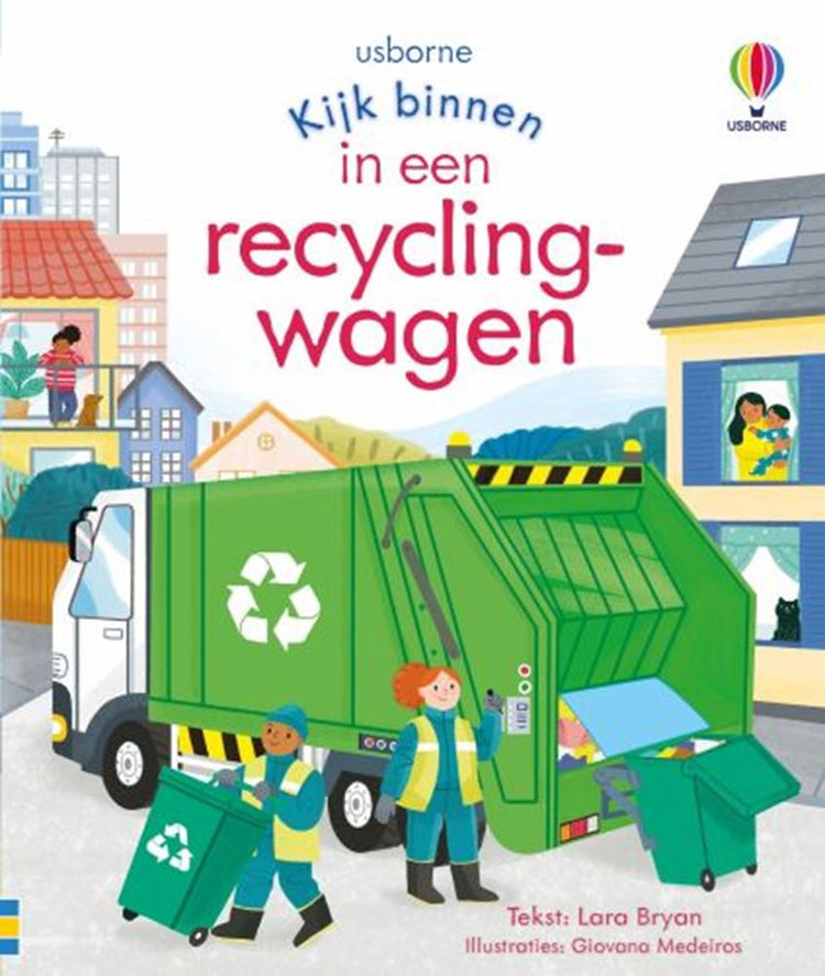 Schauen Sie in einen Recyclingwagen. 3+