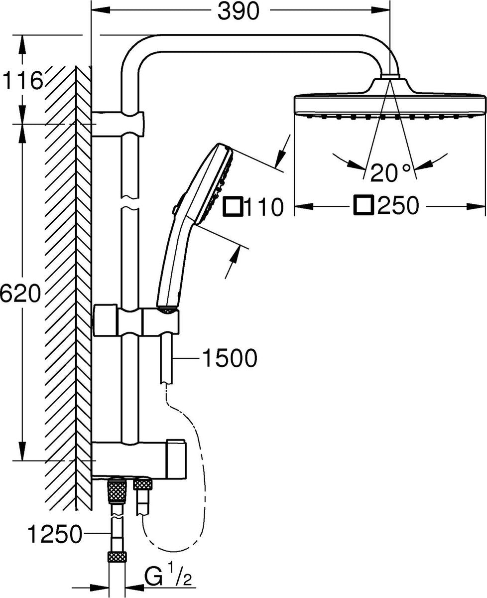 Grohe Vitalio Comfort 250 Flex Duschsystem mit Umstellung zur Wandmontage – ohne Thermostatarmatur – wassersparend – mattschwarz