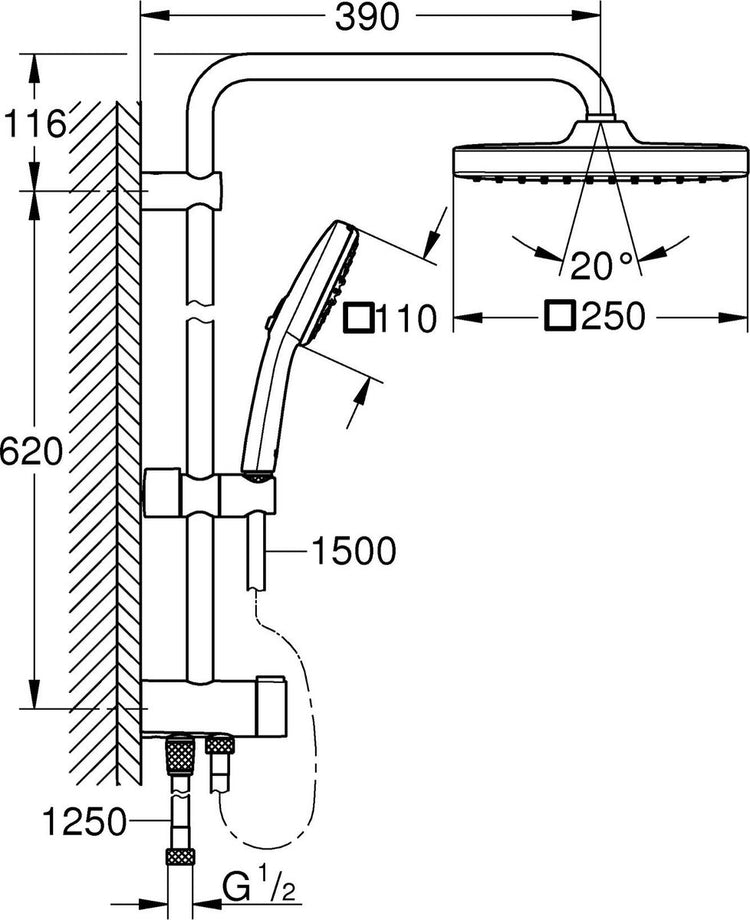 Grohe Vitalio Comfort 250 Flex Duschsystem mit Umstellung zur Wandmontage – ohne Thermostatarmatur – wassersparend – mattschwarz