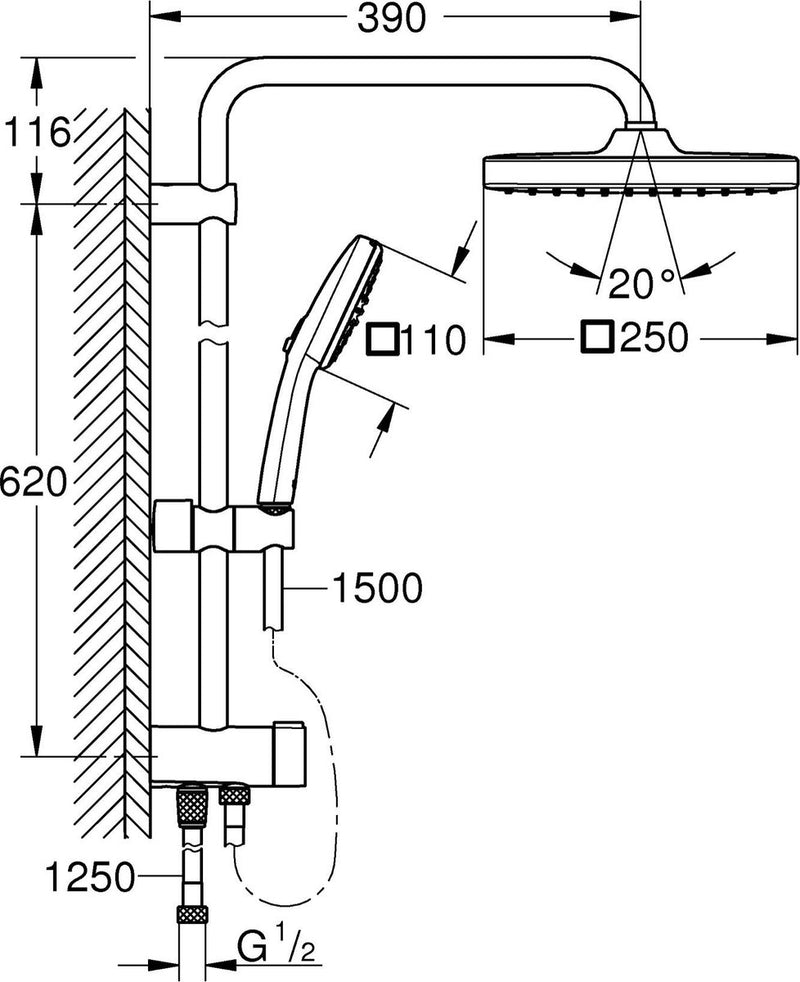 Grohe Vitalio Comfort 250 Flex Duschsystem mit Umstellung zur Wandmontage – ohne Thermostatarmatur – wassersparend – mattschwarz