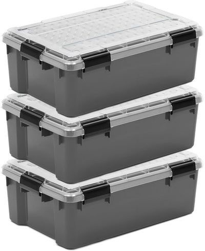 Iris Outdoor-Aufbewahrungsbox mit Polycarbonat-Deckel – 30 l – extra stark – mit Clips – wasser- und luftdicht – grau transparent schwarz – 3er-Set