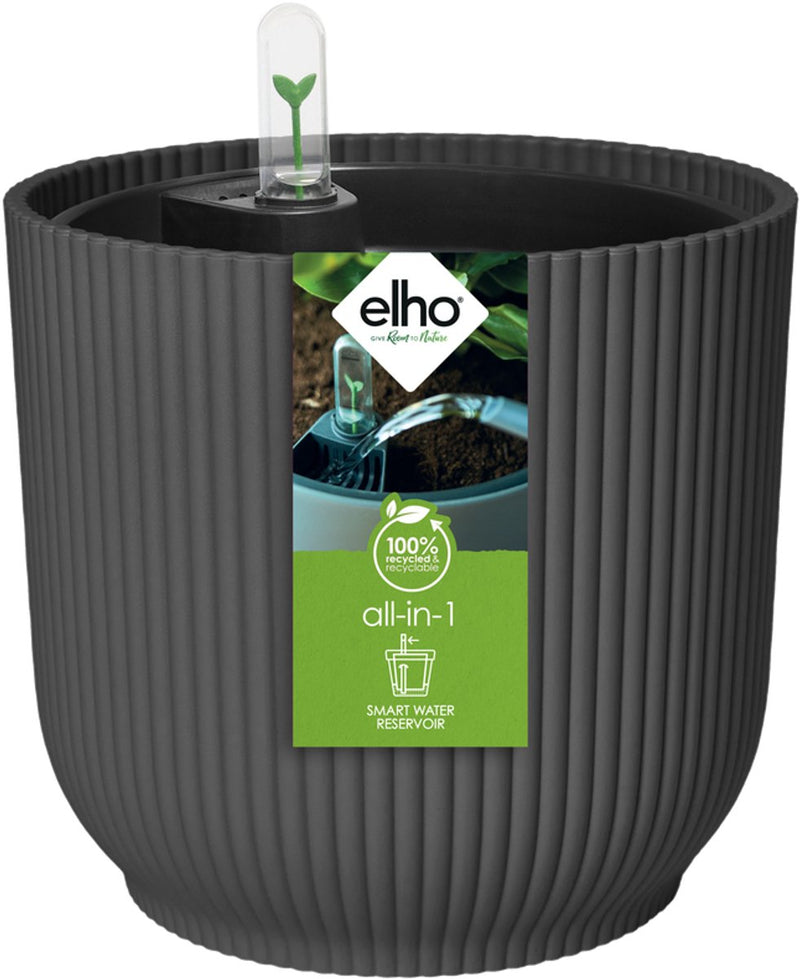 Elho All-in-1 Vibes Round 18 + Swi 17 – Blumentopf mit Wasserzähler – 100 % recycelter Kunststoff – ø 18 cm – Anthrazit