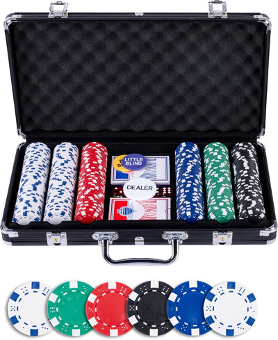 Engelhart Pokerset 300 Chips (11,5 Gramm) im schwarzen Etui – mit 2 Spielkartensätzen, 5 Würfeln und 3 Dealer-Buttons