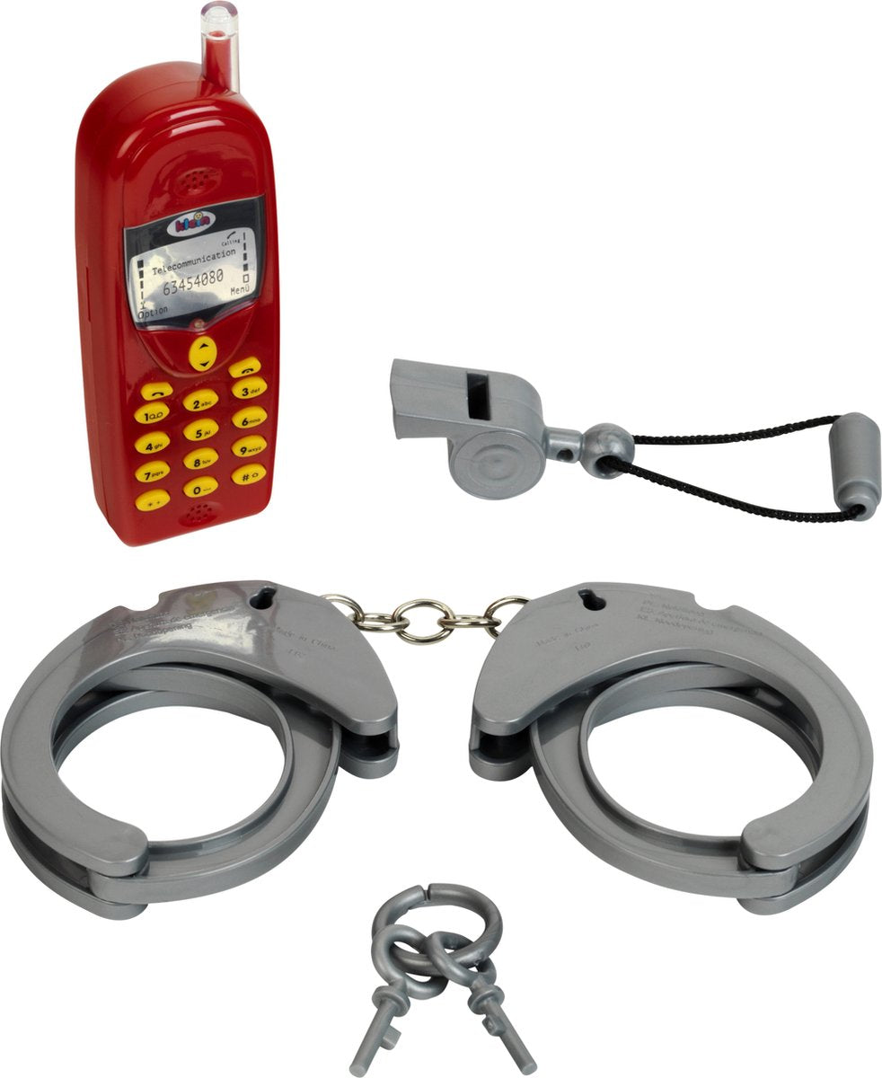Klein Toys 3-teiliges Polizeiset – Handschellen, Trillerpfeife und mobiles Spielzeugtelefon – Rotgrau