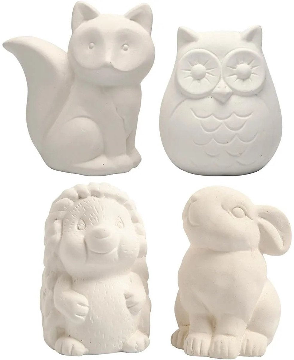 Creativ Company Tier-Spardose, Eule, Fuchs, Igel, Hase, H: 9-10 cm, weiß, 4 Stück 1 Box