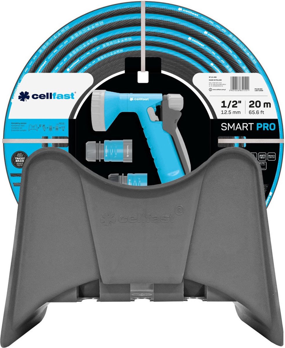 Cellfast smart pro ats – Schlauch mit Halterung 1 2 20 m – 4-lagiger Schlauch 1 2, Pistolensprüher, 2 x Schnellkupplung, Universalanschluss mit Innengewinde