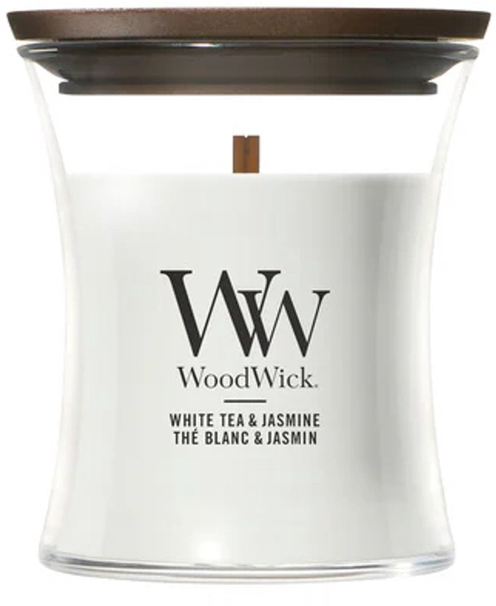 Woodwick Duftkerze Minikerze – Weißer Tee Jasmin – 20 Brennstunden – 85 g – 8 cm ø 7 cm