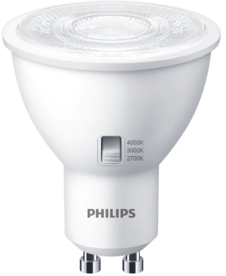 Philips LED Gu10 4,8W - einstellbare Lichtfarbe CCT-Schalter 2700K 3000K 4000K - 36° - dimmbar | gu10 | extra warmweiß-warmweiß-kaltweiß | 4,8 Watt | 15.000 Brennstunden