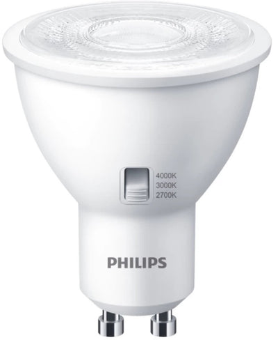 Philips LED Gu10 4,8W - einstellbare Lichtfarbe CCT-Schalter 2700K 3000K 4000K - 36° - dimmbar | gu10 | extra warmweiß-warmweiß-kaltweiß | 4,8 Watt | 15.000 Brennstunden