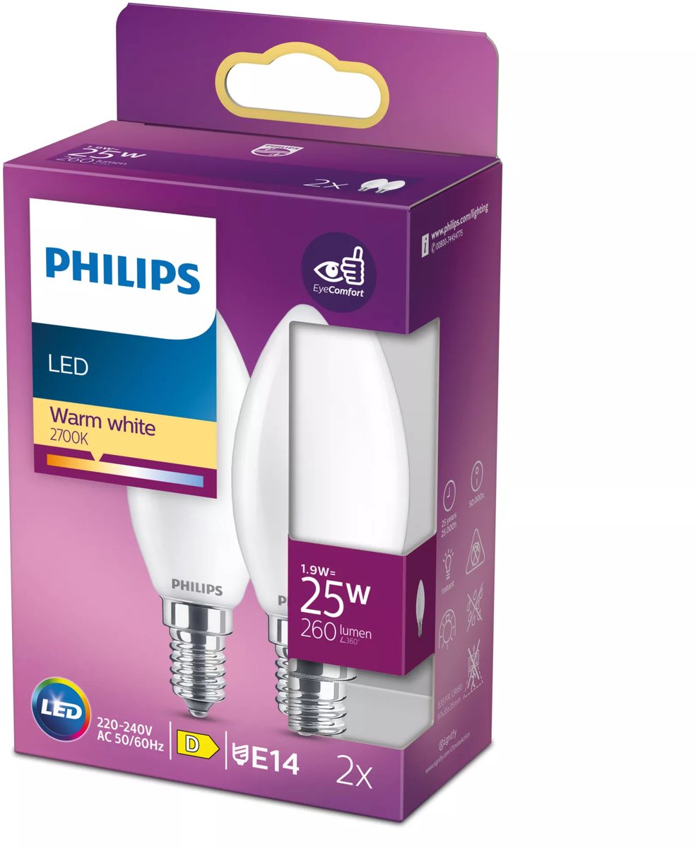 Philips LED-Lampe – Kerzenlampe mit E14-Fassung – warmweißes Licht: 2700 K – 25 W – Milchglas – 2er-Pack