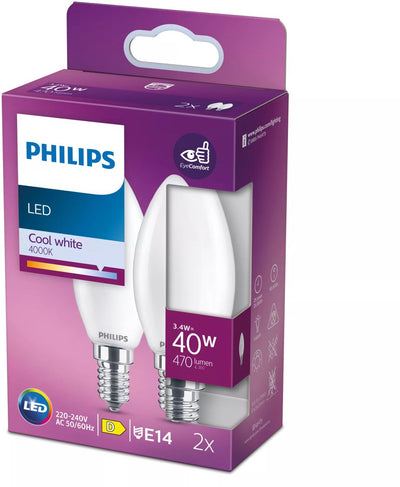 Philips Filament-Kerzenlampe matt 40 W B35 E14 x2