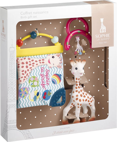 Geschenkset „Sophie die Giraffe“ – Geschenkset zur Geburt – Geschenk zur Schwangerschaft – Geschenk zur Babyparty – Puppe, Rassel-Entdeckungsheft – ab 0 Monaten – in weißer Geschenkbox – 3-teilig