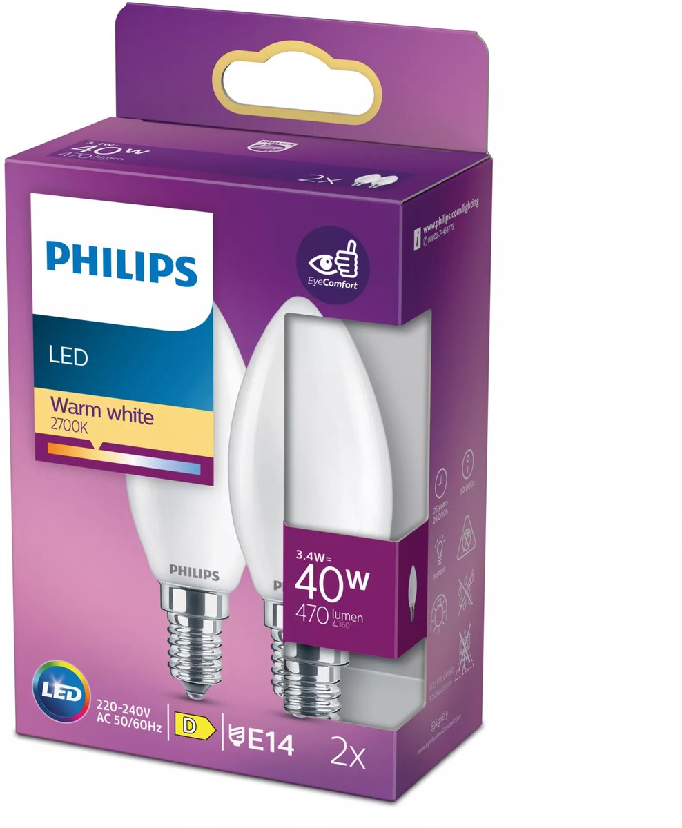 Philips LED-Lampe – Kerzenlampe mit E14-Fassung – warmweißes Licht: 2700 K – 40 W – Milchglas – 2er-Pack