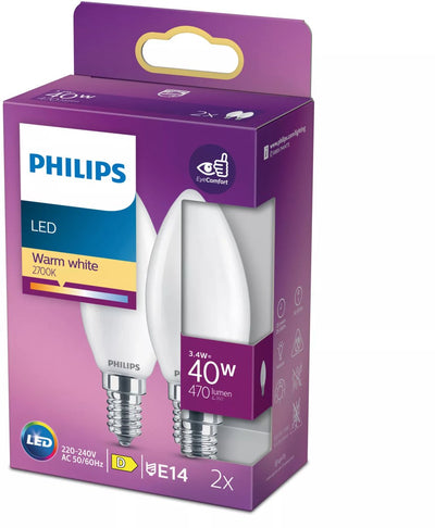Philips LED-Lampe – Kerzenlampe mit E14-Fassung – warmweißes Licht: 2700 K – 40 W – Milchglas – 2er-Pack