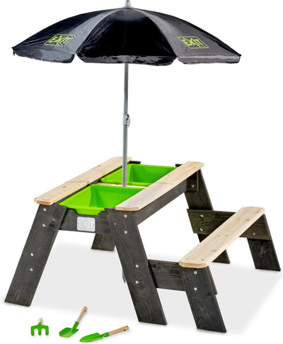 Exit Toys Exit Axent Sand-Wasser-Picknicktisch (1 Bank) – mit Sonnenschirm Gartengeräte – Wassertisch – Sandkasten – Holz – Kinder draußen