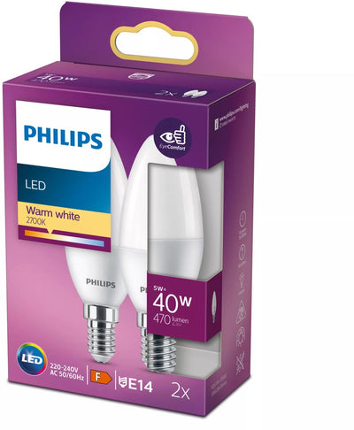 Philips LED-Energiesparkerze matt – 40 W – E14 – warmweißes Licht – 2 Stück – Energiekosten sparen