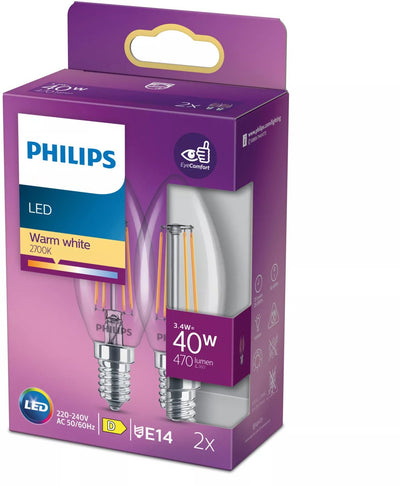 Philips LED-Lampe – Kerzenlampe mit E14-Fassung – warmweißes Licht: 2700 K – 40 W – klares Glas – 2er-Pack