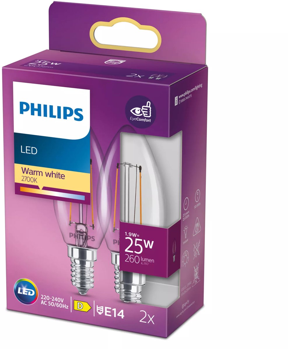 Philips LED-Lampe – Kerzenlampe mit E14-Fassung – warmweißes Licht: 2700 K – 25 W – klares Glas – 2er-Pack
